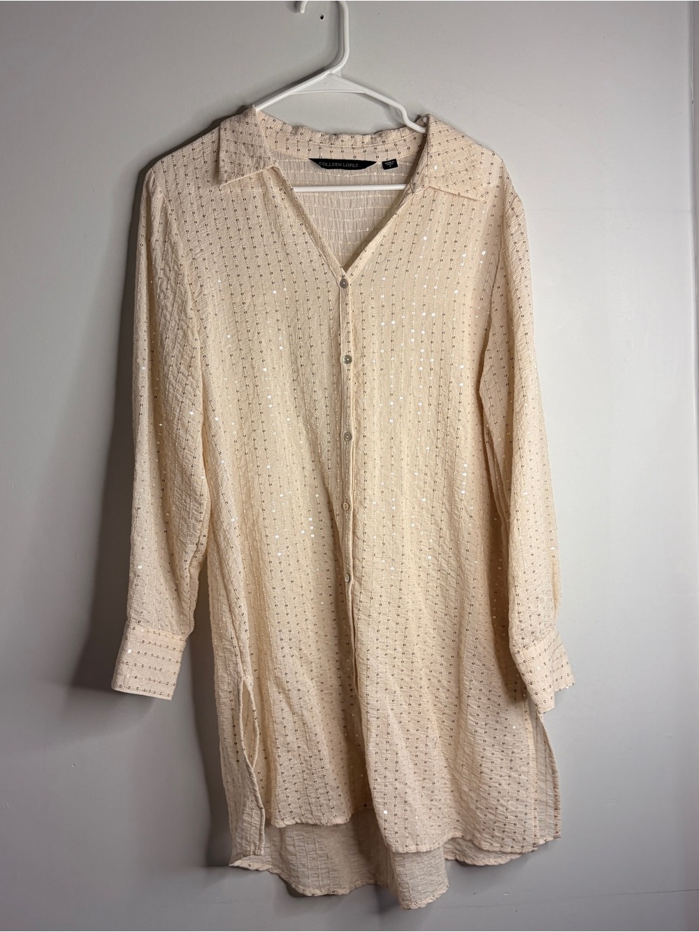 Colleen Lopez Sequin-Stripe Cream Sparkle Small Blouse Button Down - Picture 8 of 8